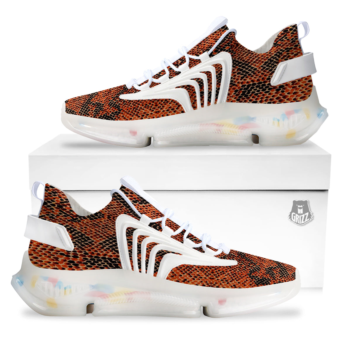 Snake Skin Black Orange Print White Gym Shoes-grizzshop