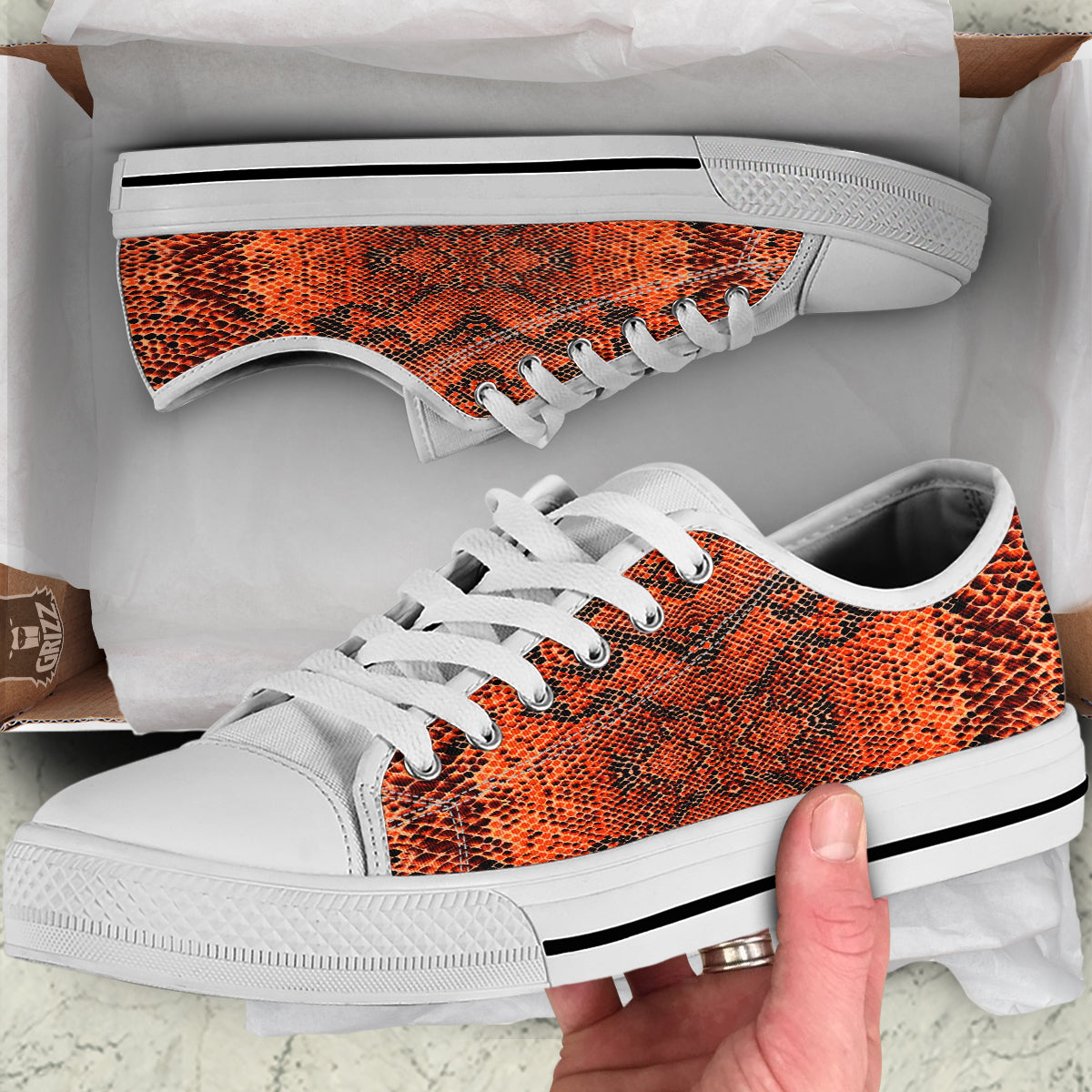 Snake Skin Black Orange Print White Low Top Shoes-grizzshop