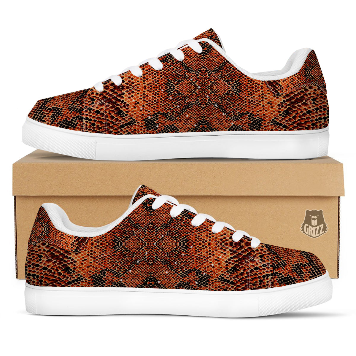 Snake Skin Black Orange Print White Low Top Sneakers-grizzshop