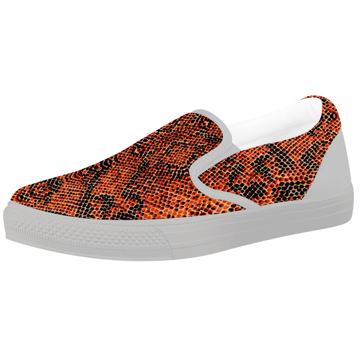 Snake Skin Black Orange Print White Slip On Shoes-grizzshop