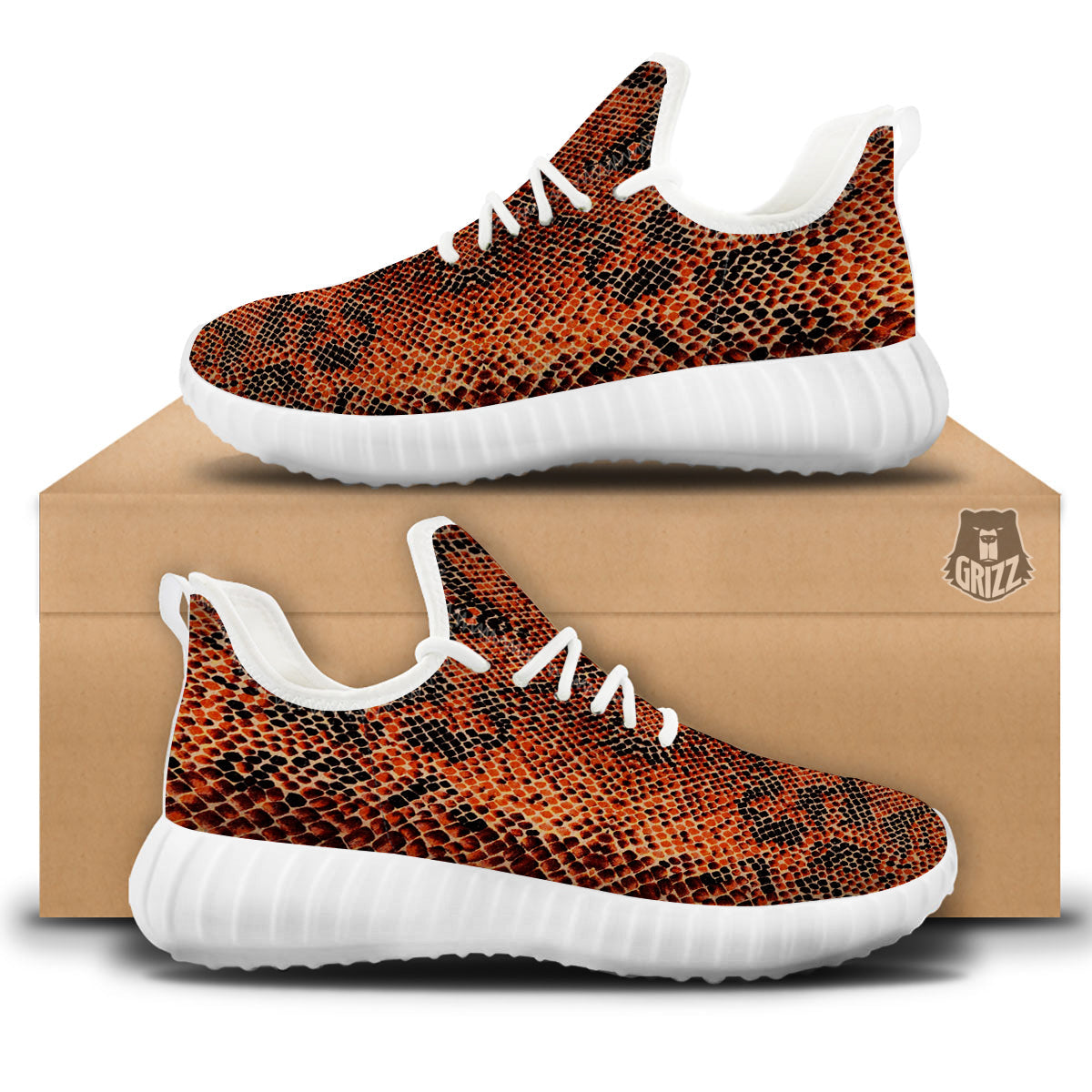 Snake Skin Black Orange Print White Walking Shoes-grizzshop