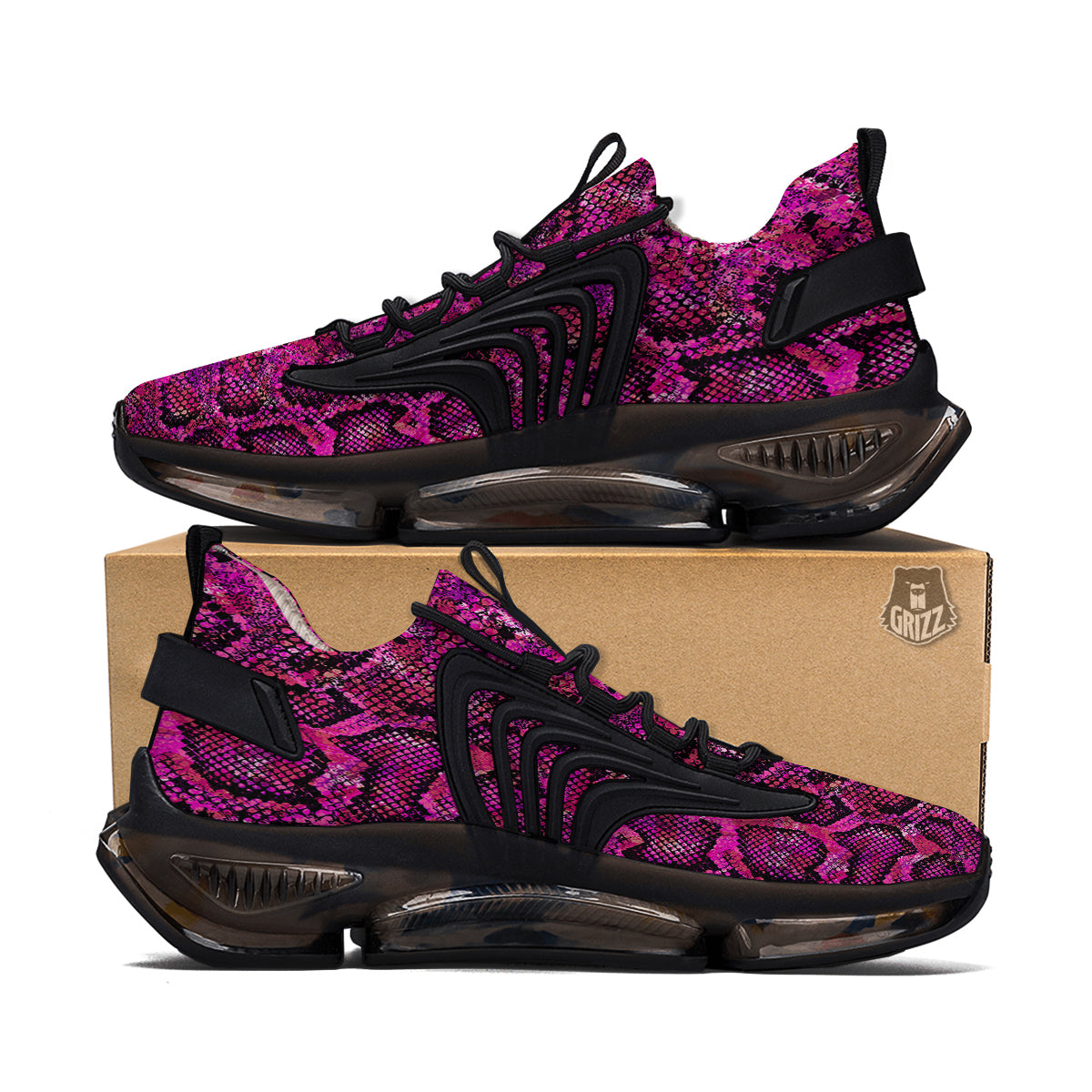 Snake Skin Black Pink Print Black Gym Shoes-grizzshop