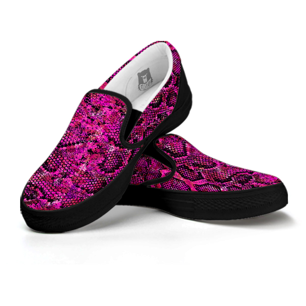 Snake Skin Black Pink Print Black Slip On Shoes-grizzshop