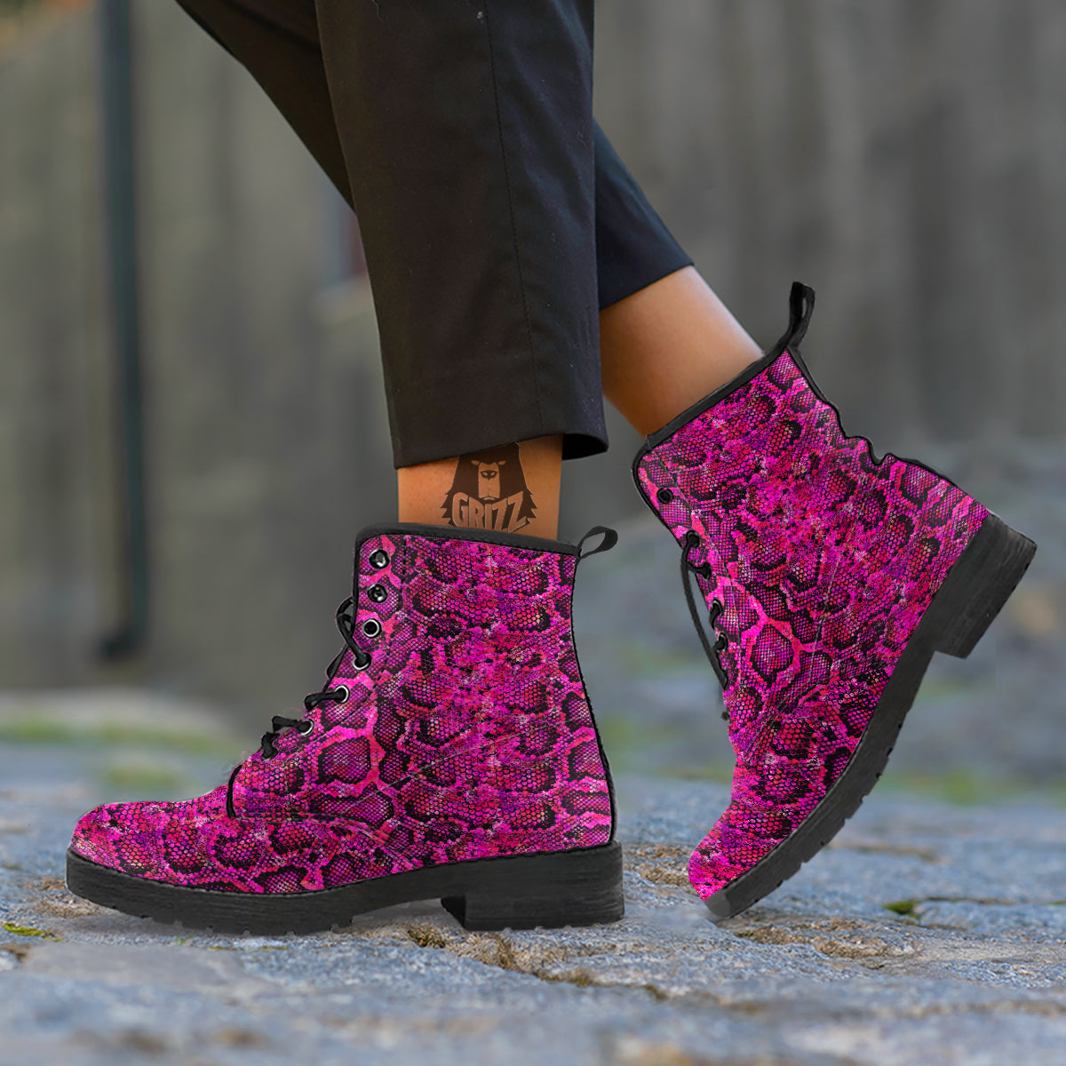 Snake Skin Black Pink Print Leather Boots-grizzshop