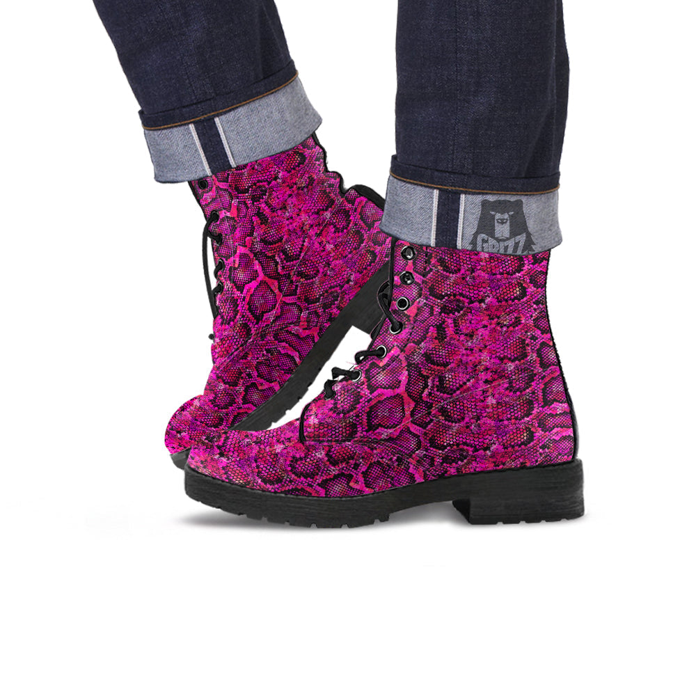 Snake Skin Black Pink Print Leather Boots-grizzshop