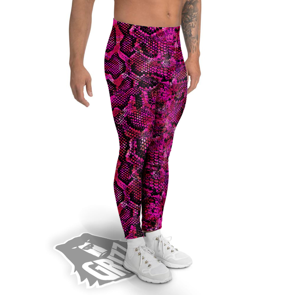 Snake Skin Black Pink Print Men's Leggings-grizzshop