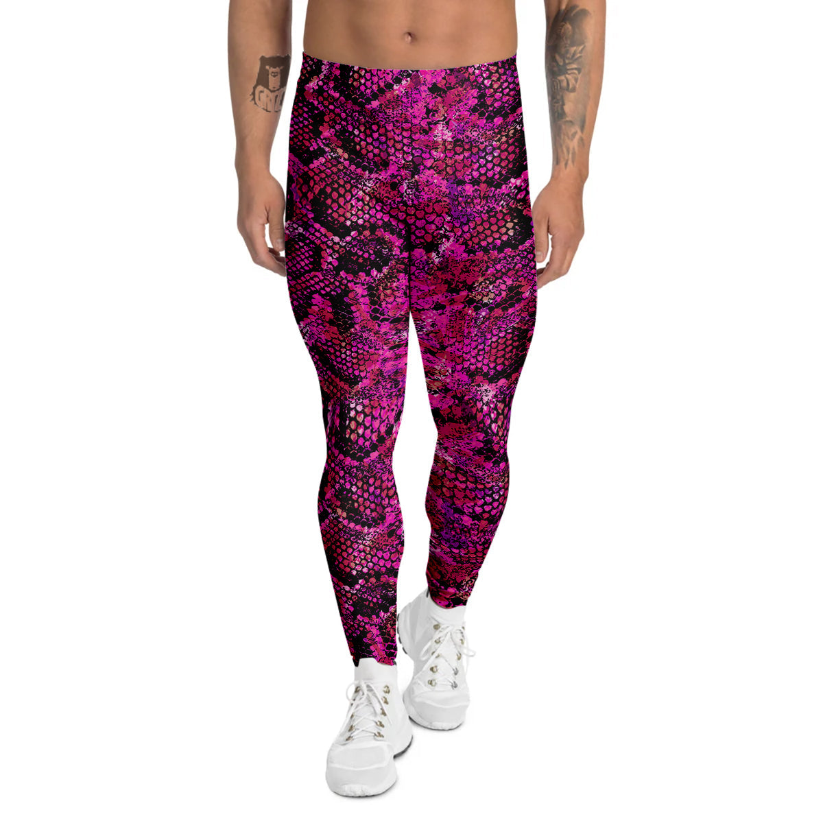 Snake Skin Black Pink Print Men's Leggings-grizzshop