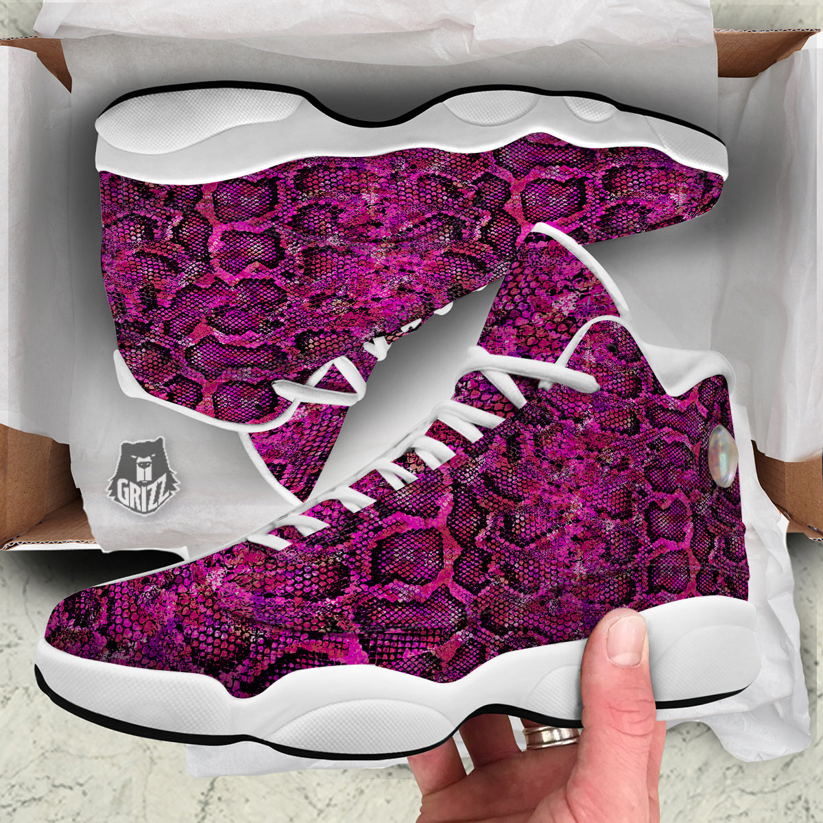 Snake Skin Black Pink Print White Basketball Shoes-grizzshop