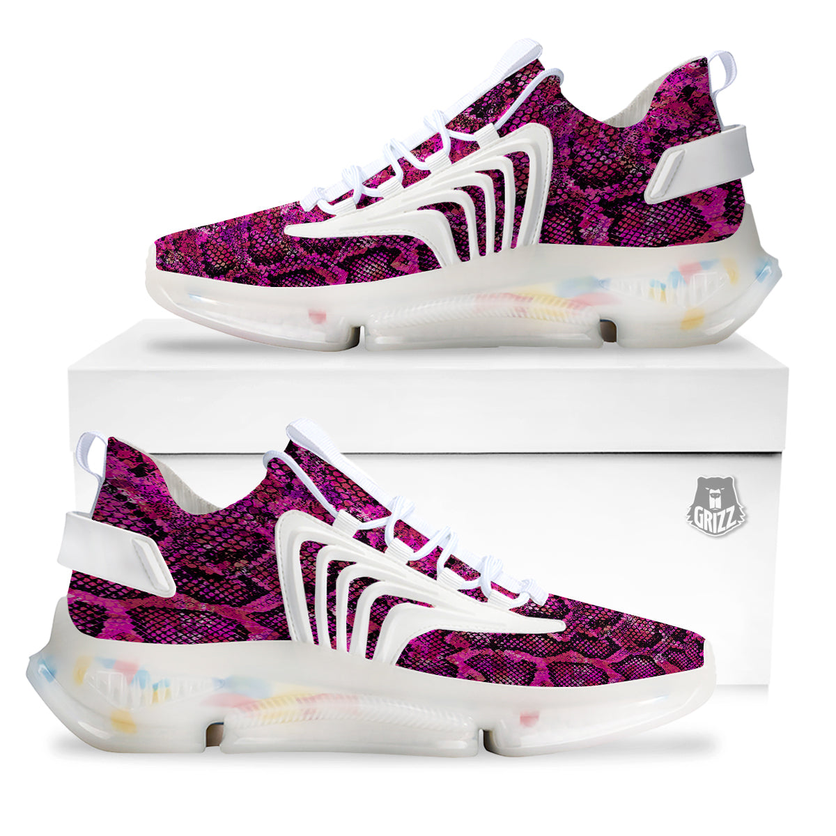 Snake Skin Black Pink Print White Gym Shoes-grizzshop