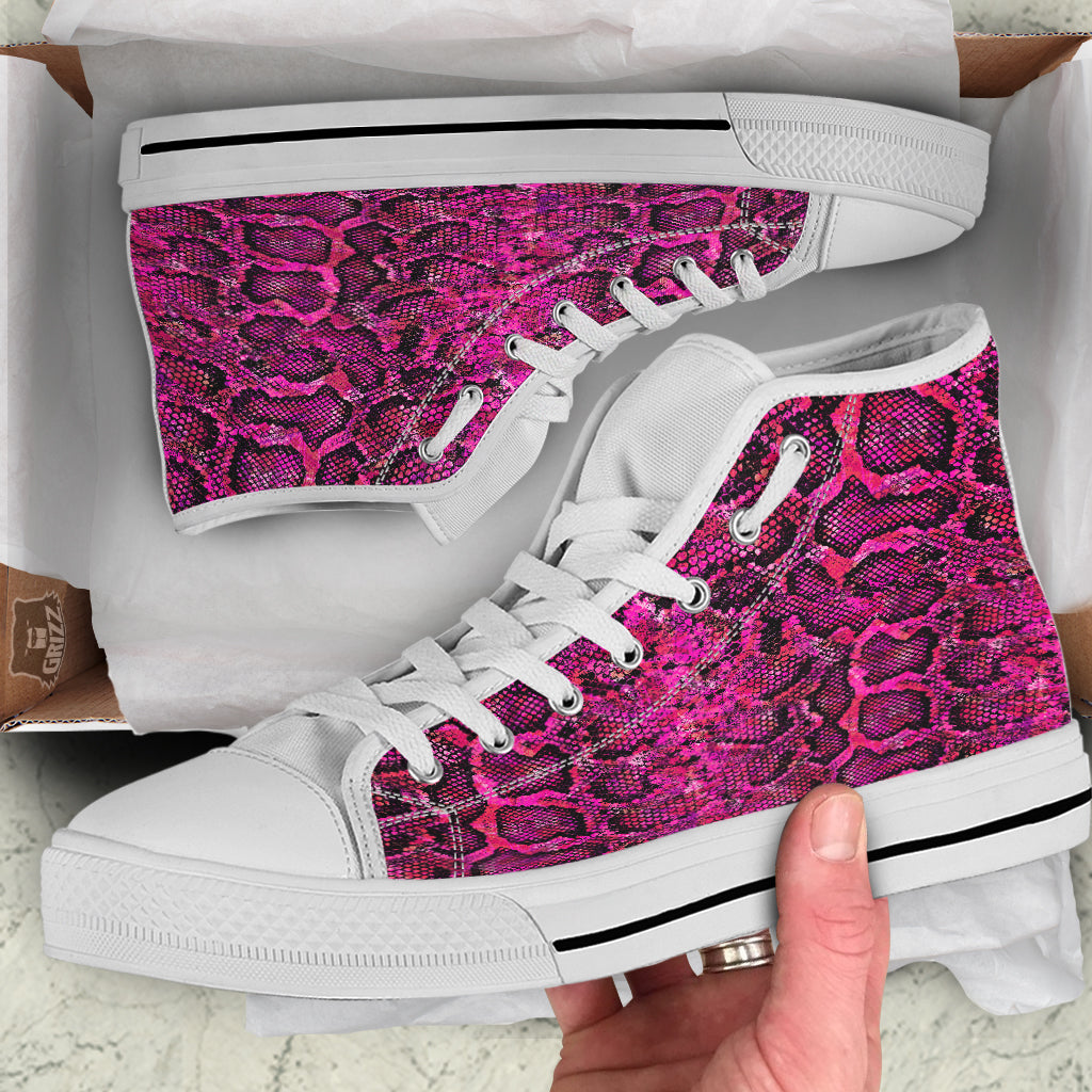 Snake Skin Black Pink Print White High Top Shoes-grizzshop