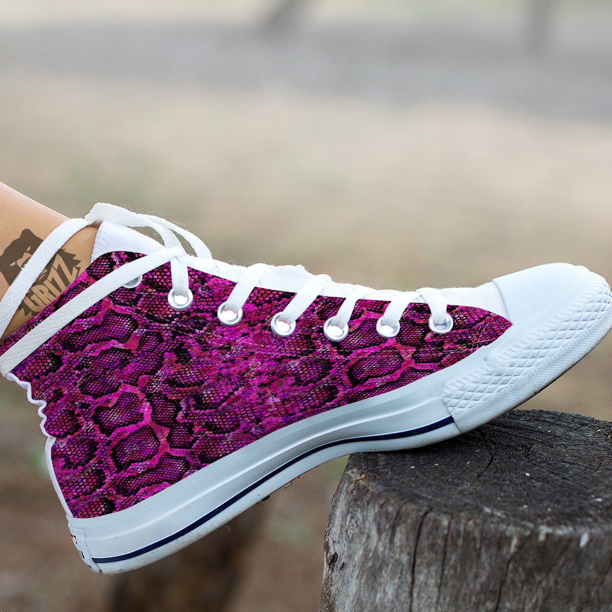 Snake Skin Black Pink Print White High Top Shoes-grizzshop