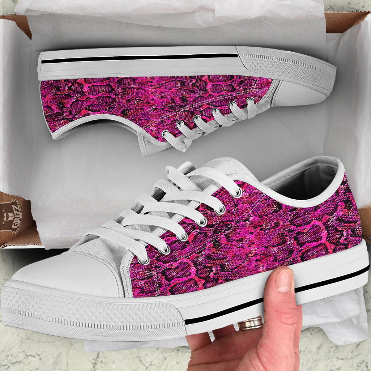 Snake Skin Black Pink Print White Low Top Shoes-grizzshop