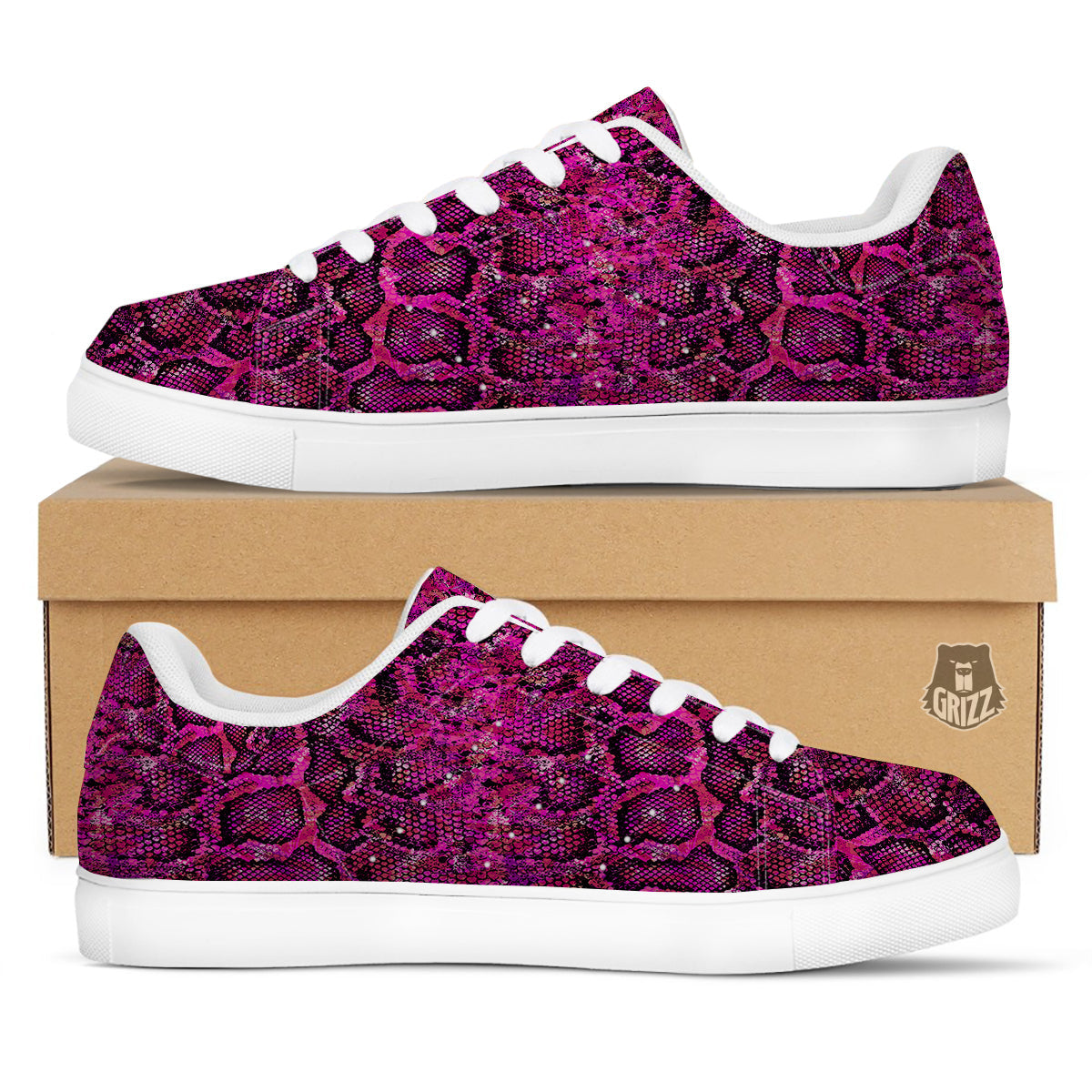 Snake Skin Black Pink Print White Low Top Sneakers-grizzshop