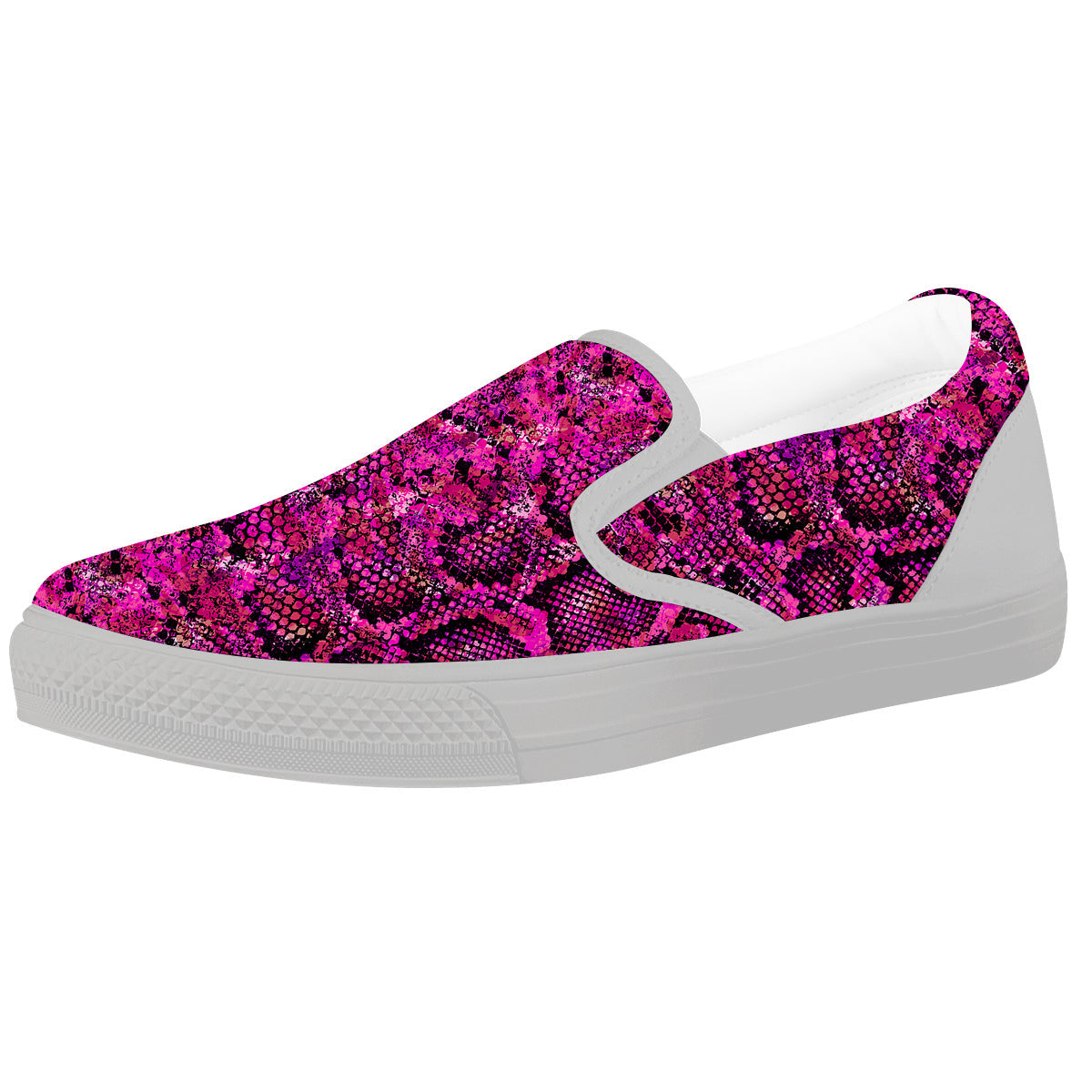 Snake Skin Black Pink Print White Slip On Shoes-grizzshop