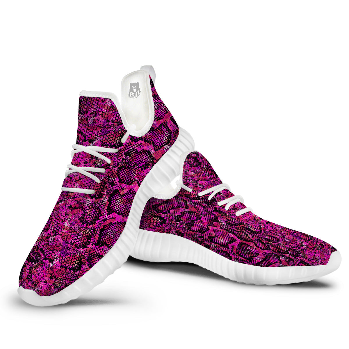 Snake Skin Black Pink Print White Walking Shoes-grizzshop