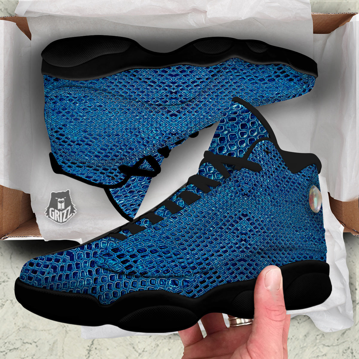 Snake Skin Blue Print Black Basketball Shoes-grizzshop