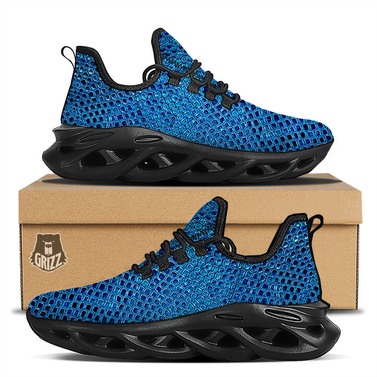 Snake Skin Blue Print Black Running Shoes-grizzshop