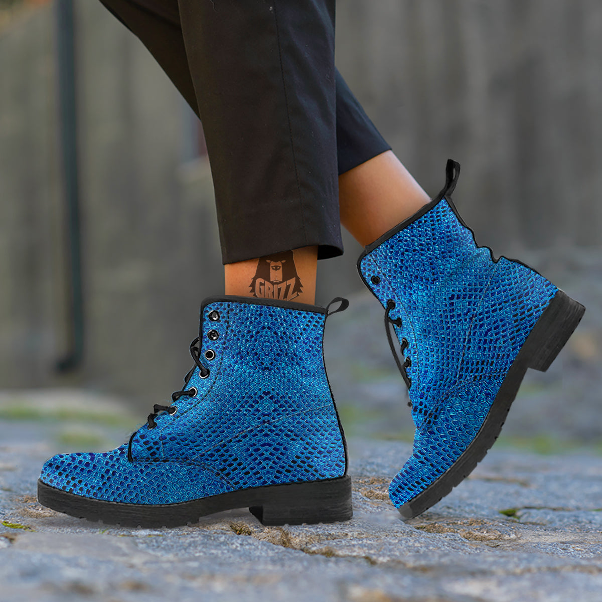 Snake Skin Blue Print Leather Boots-grizzshop