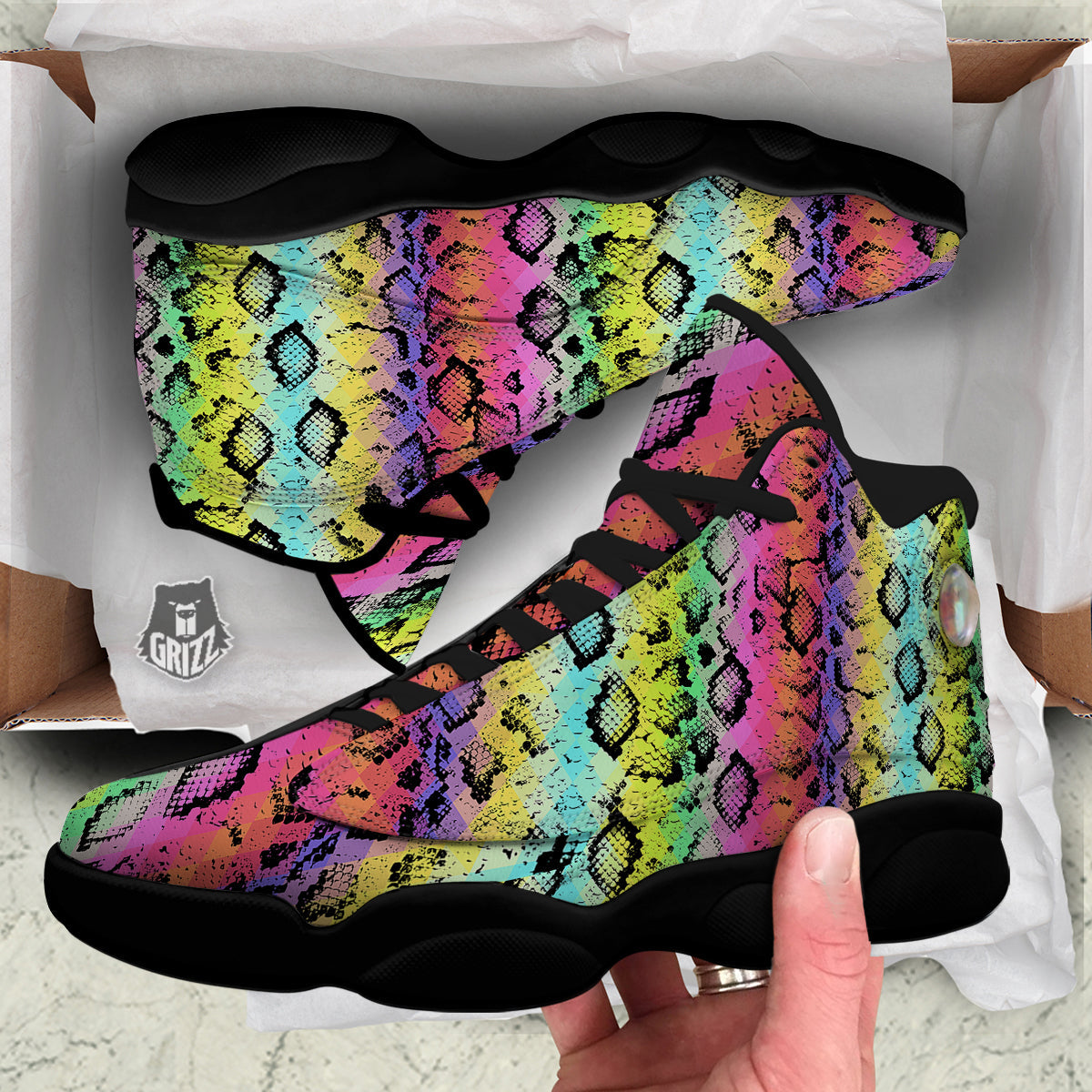 Snake Skin Psychedelic Print Black Basketball Shoes-grizzshop