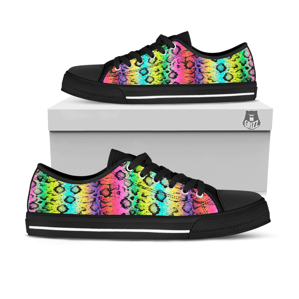 Snake Skin Psychedelic Print Black Low Top Shoes-grizzshop