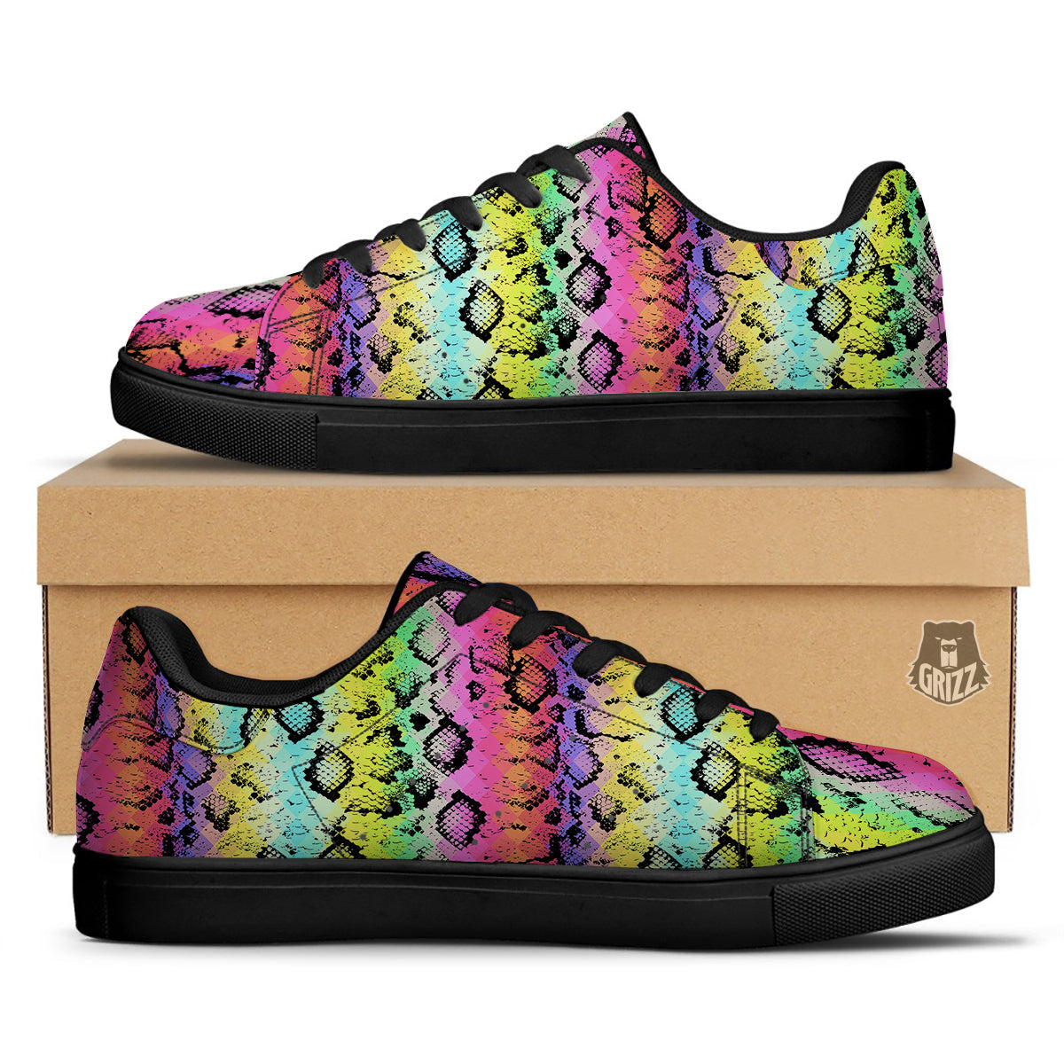 Snake Skin Psychedelic Print Black Low Top Sneakers-grizzshop