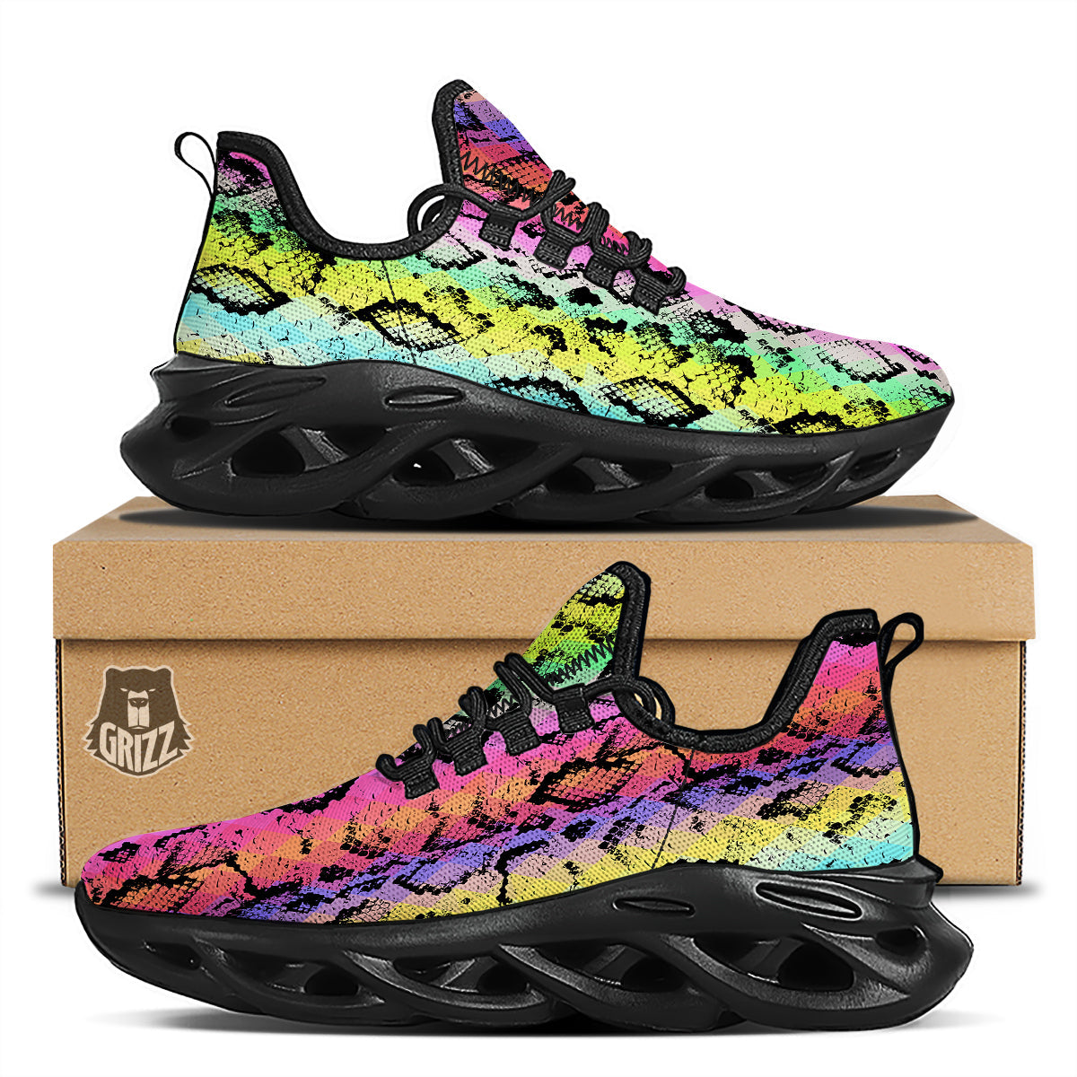 Snake Skin Psychedelic Print Black Running Shoes-grizzshop