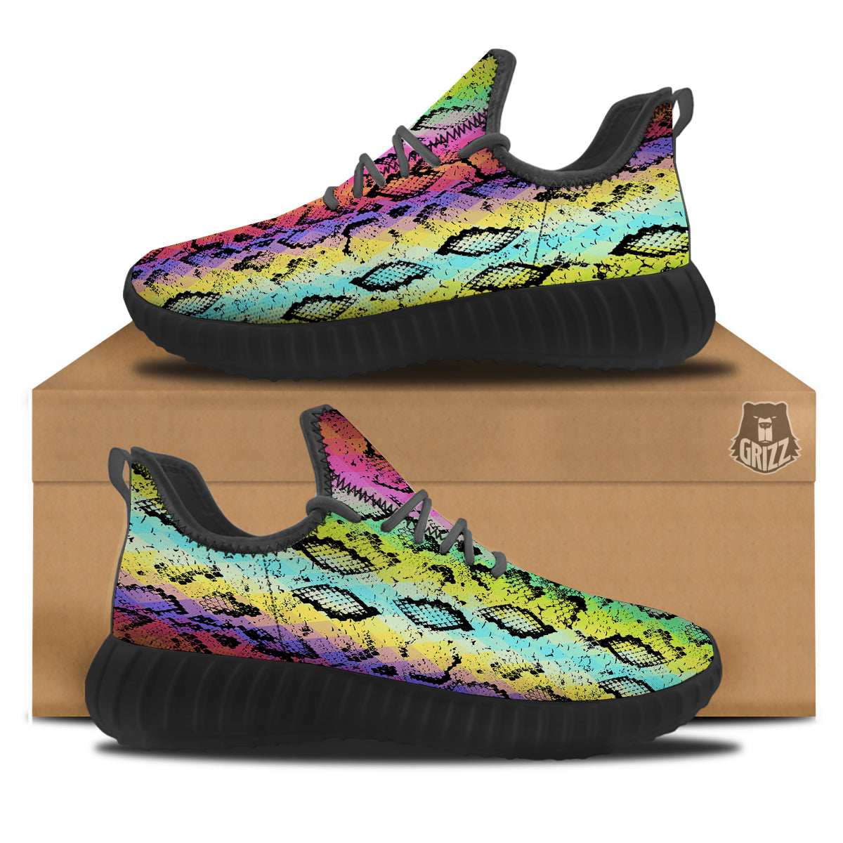Snake Skin Psychedelic Print Black Walking Shoes-grizzshop