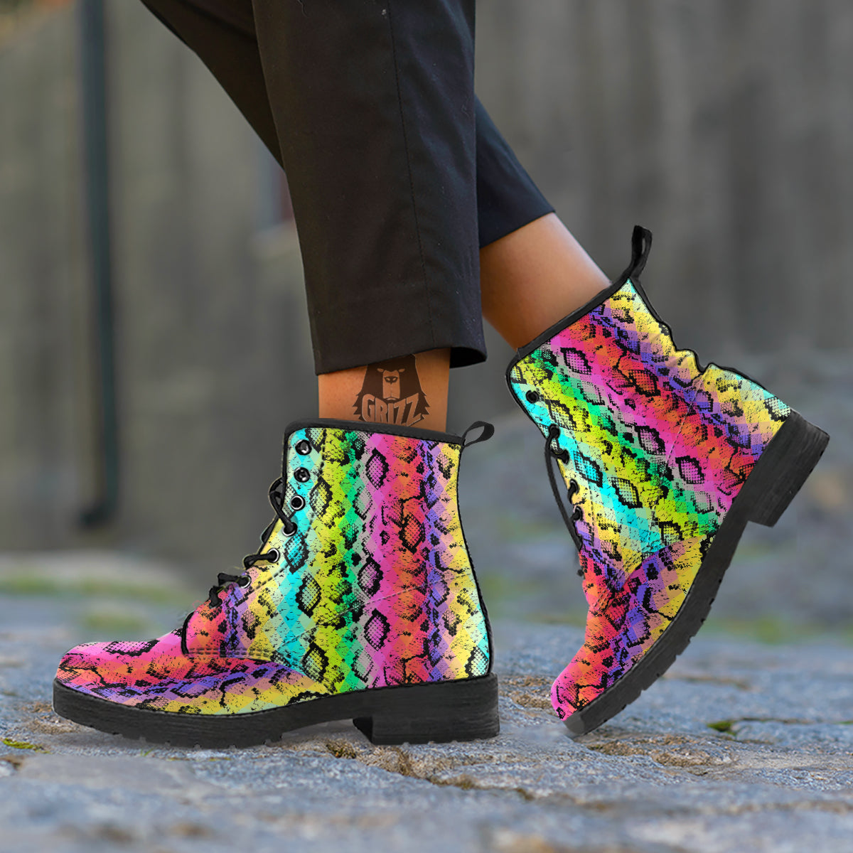 Snake Skin Psychedelic Print Leather Boots-grizzshop