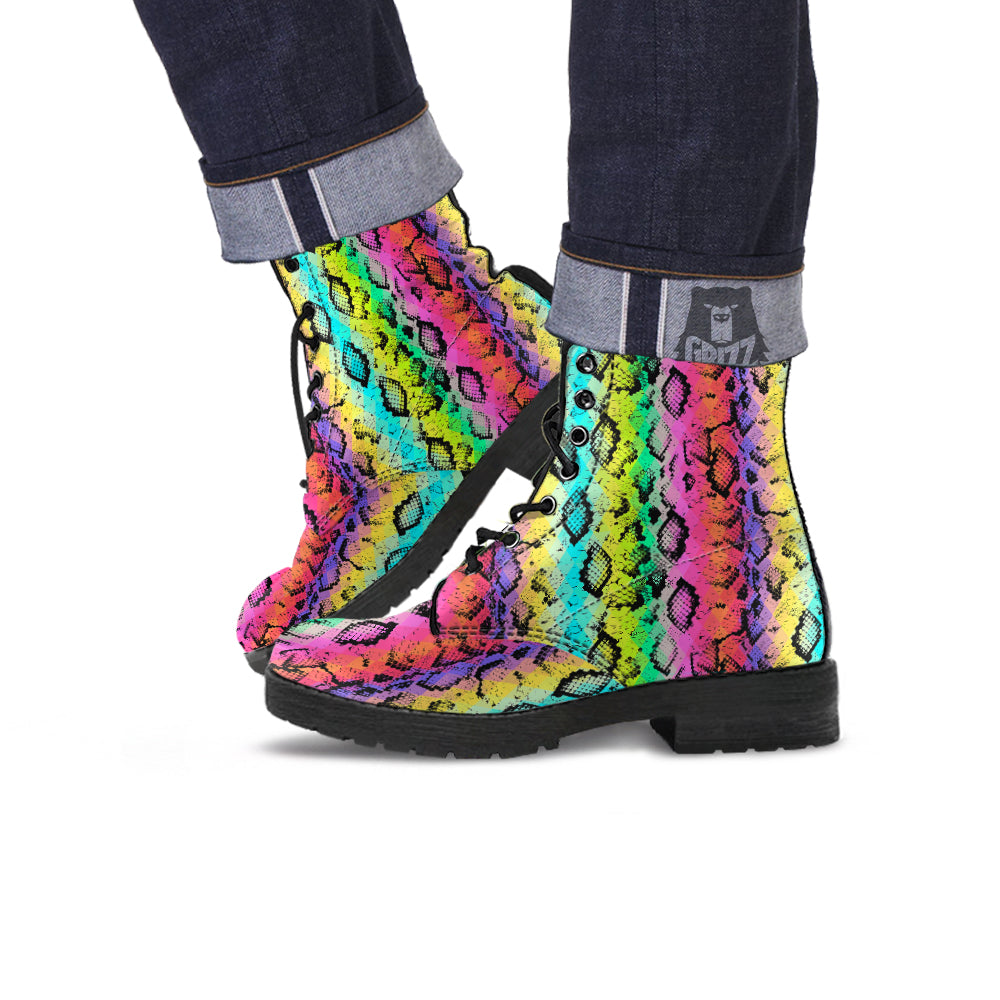 Snake Skin Psychedelic Print Leather Boots-grizzshop
