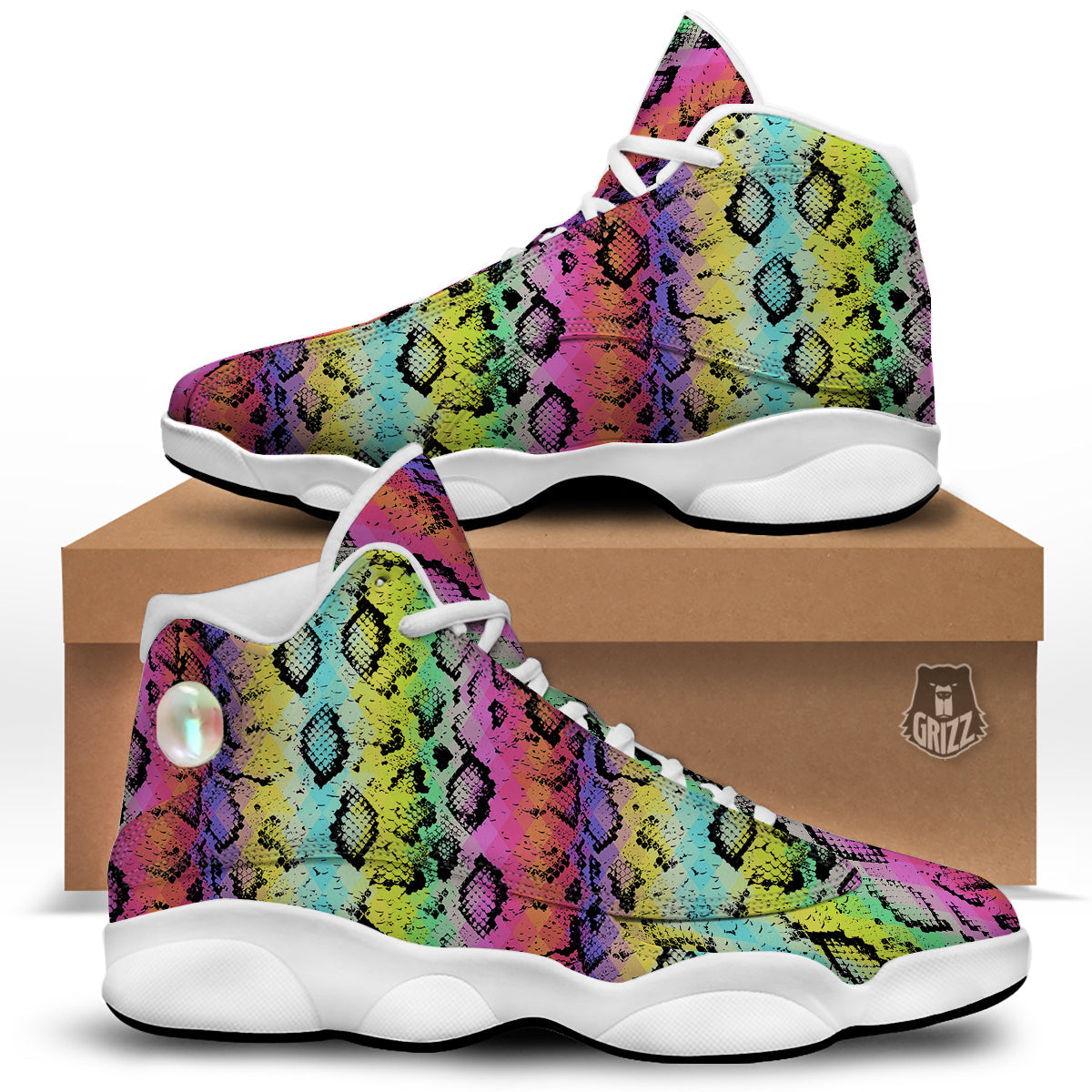 Snake Skin Psychedelic Print White Basketball Shoes-grizzshop