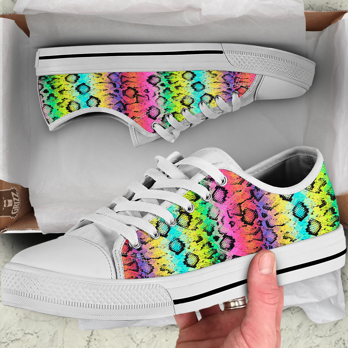 Snake Skin Psychedelic Print White Low Top Shoes-grizzshop