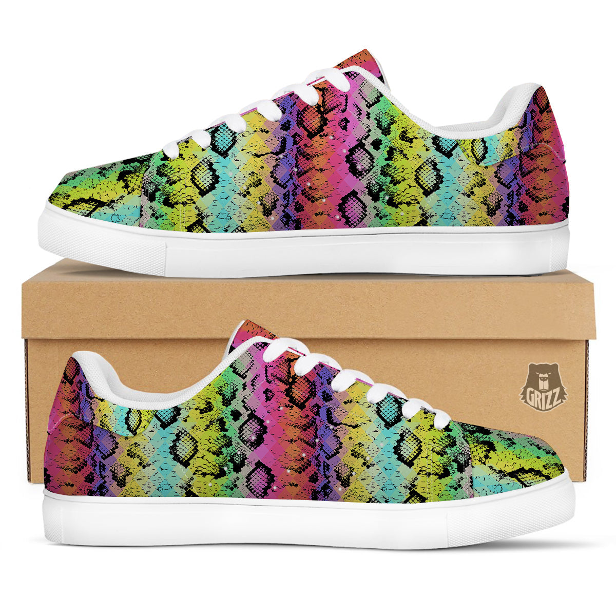 Snake Skin Psychedelic Print White Low Top Sneakers-grizzshop