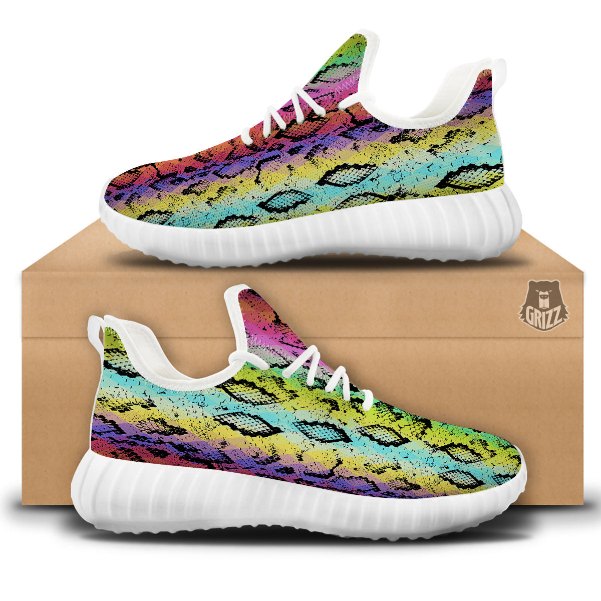 Snake Skin Psychedelic Print White Walking Shoes-grizzshop