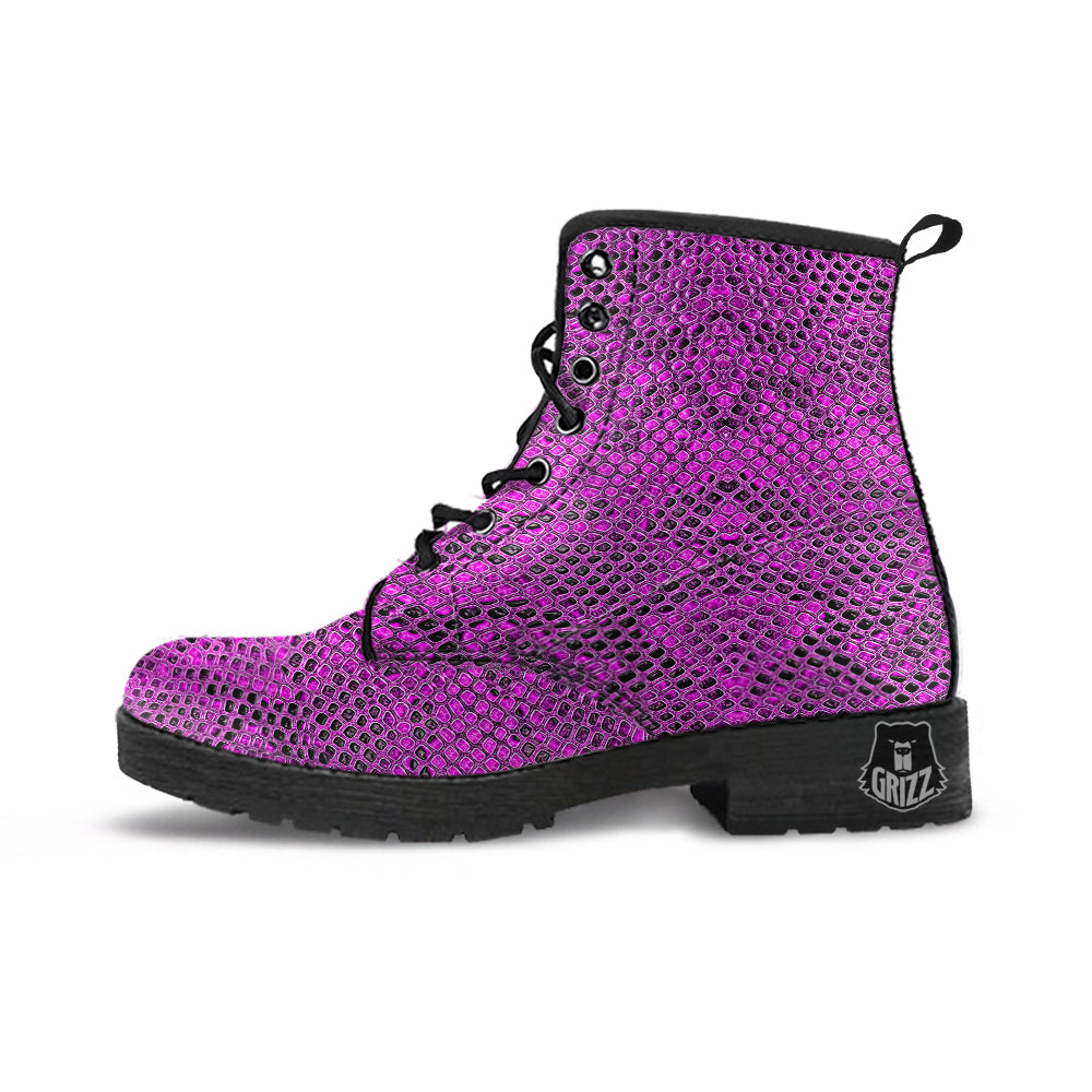 Snake Skin Purple Print Leather Boots-grizzshop
