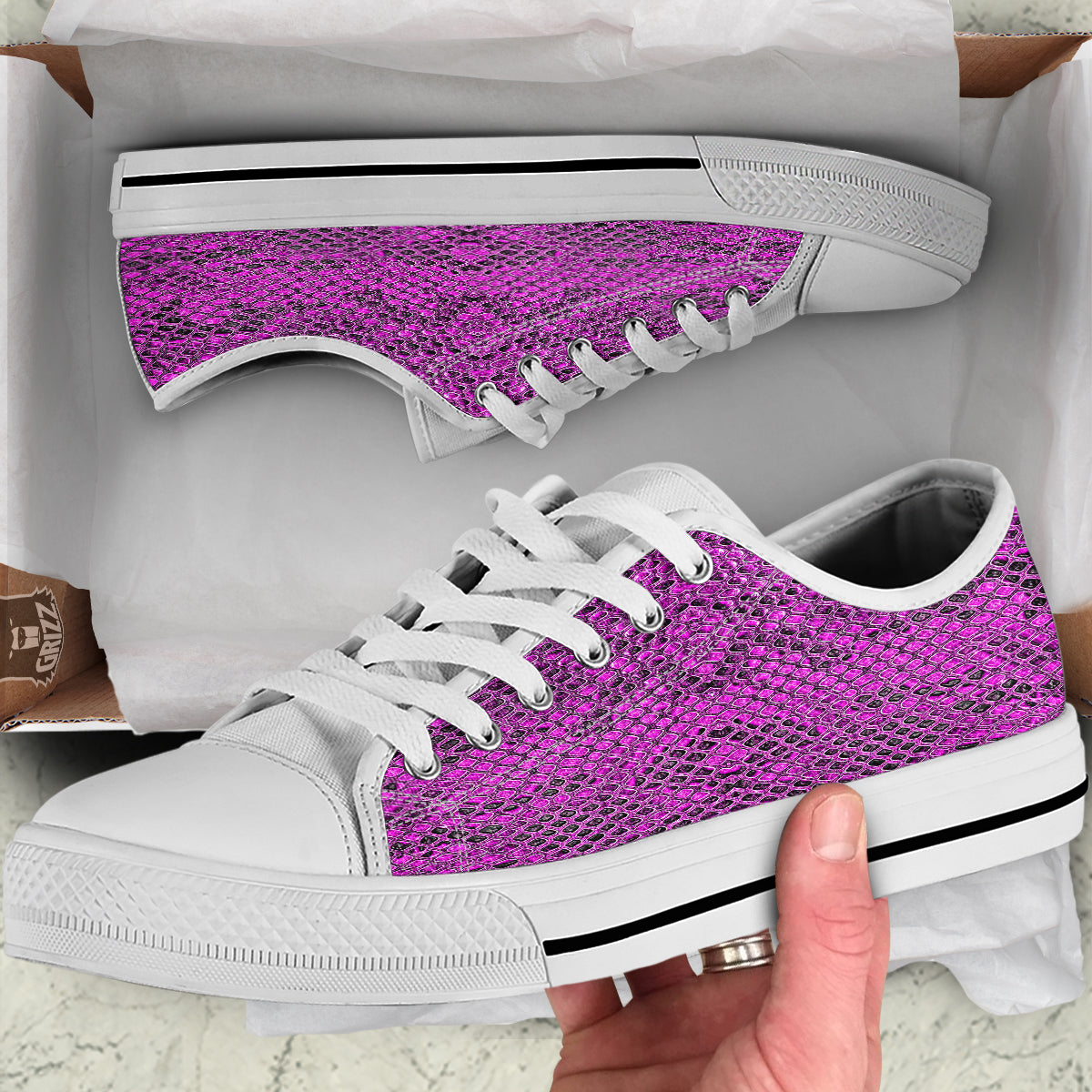 Snake Skin Purple Print White Low Top Shoes-grizzshop