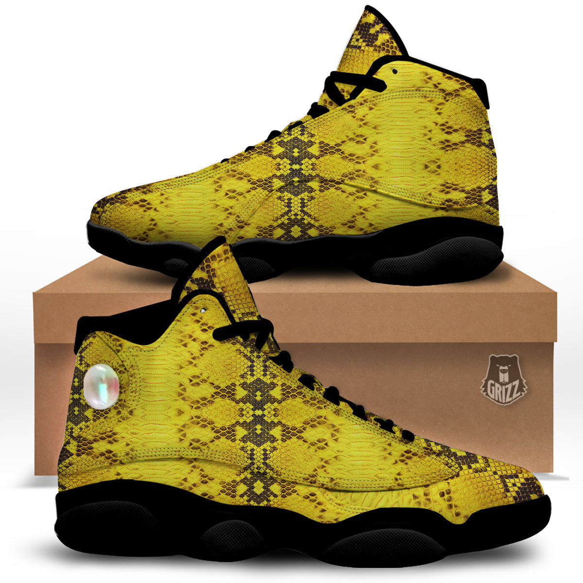 Snake Skin Yellow Print Black Basketball Shoes-grizzshop