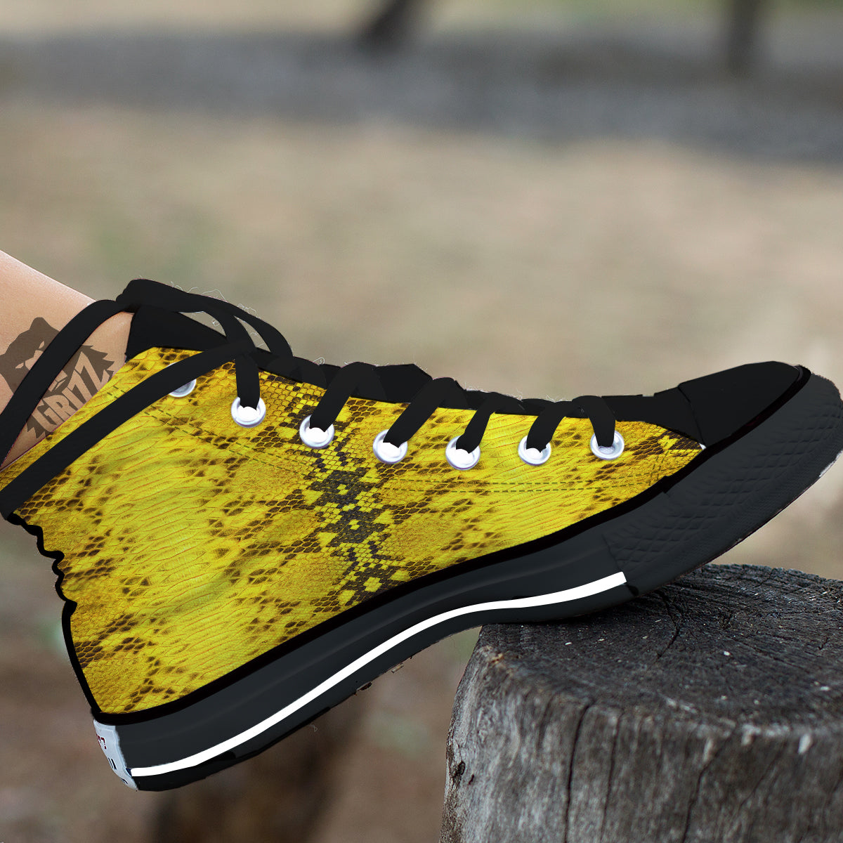 Snake Skin Yellow Print Black High Top Shoes-grizzshop