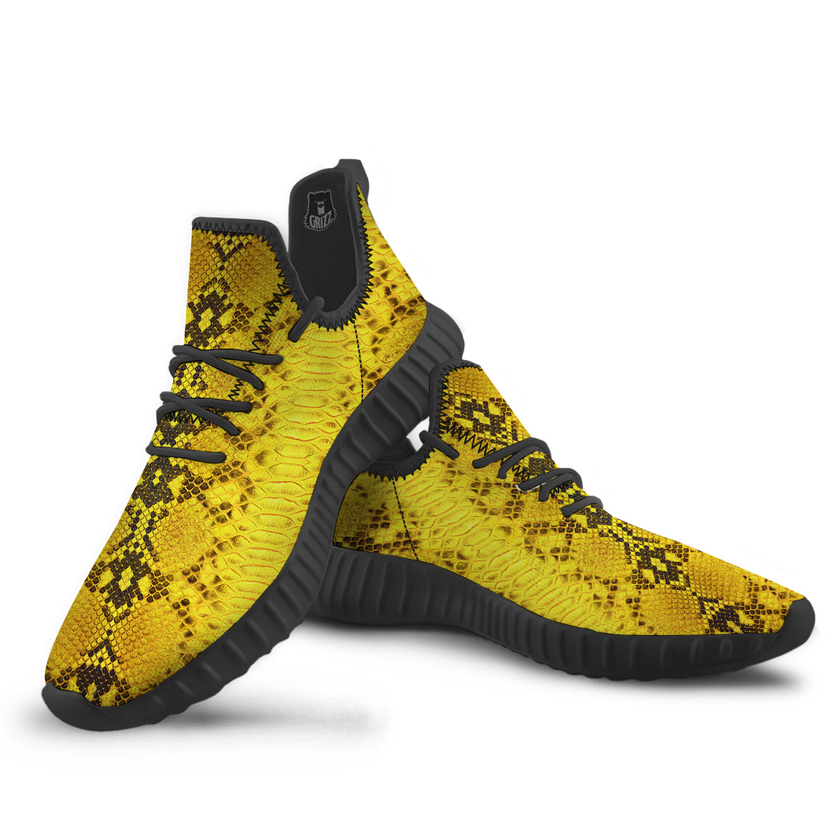 Snake Skin Yellow Print Black Walking Shoes-grizzshop