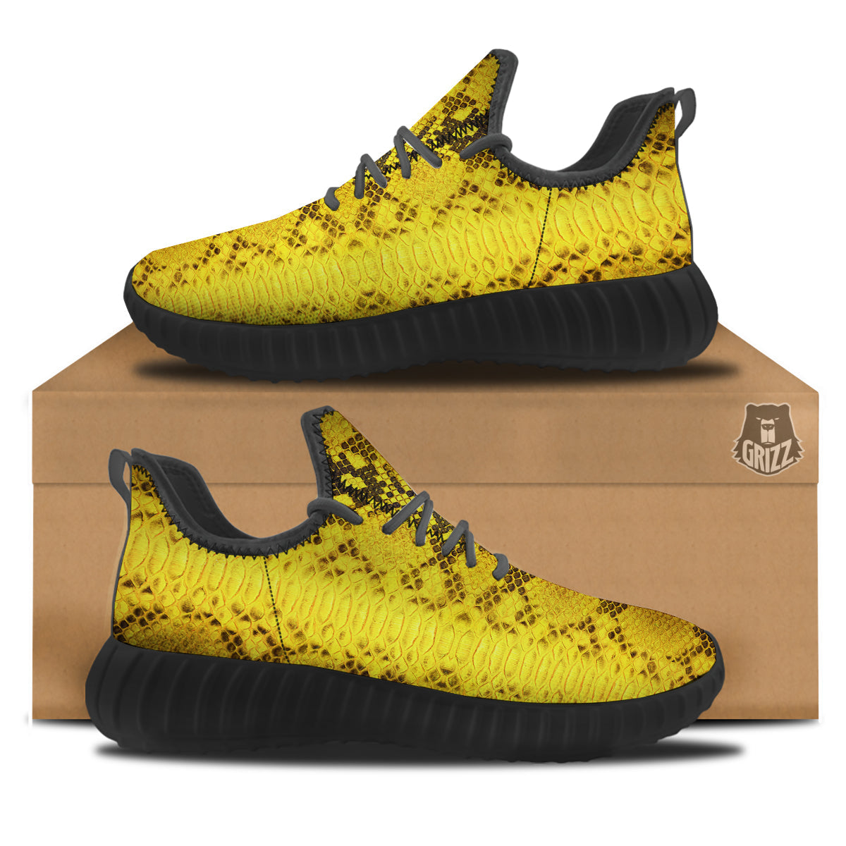 Snake Skin Yellow Print Black Walking Shoes-grizzshop