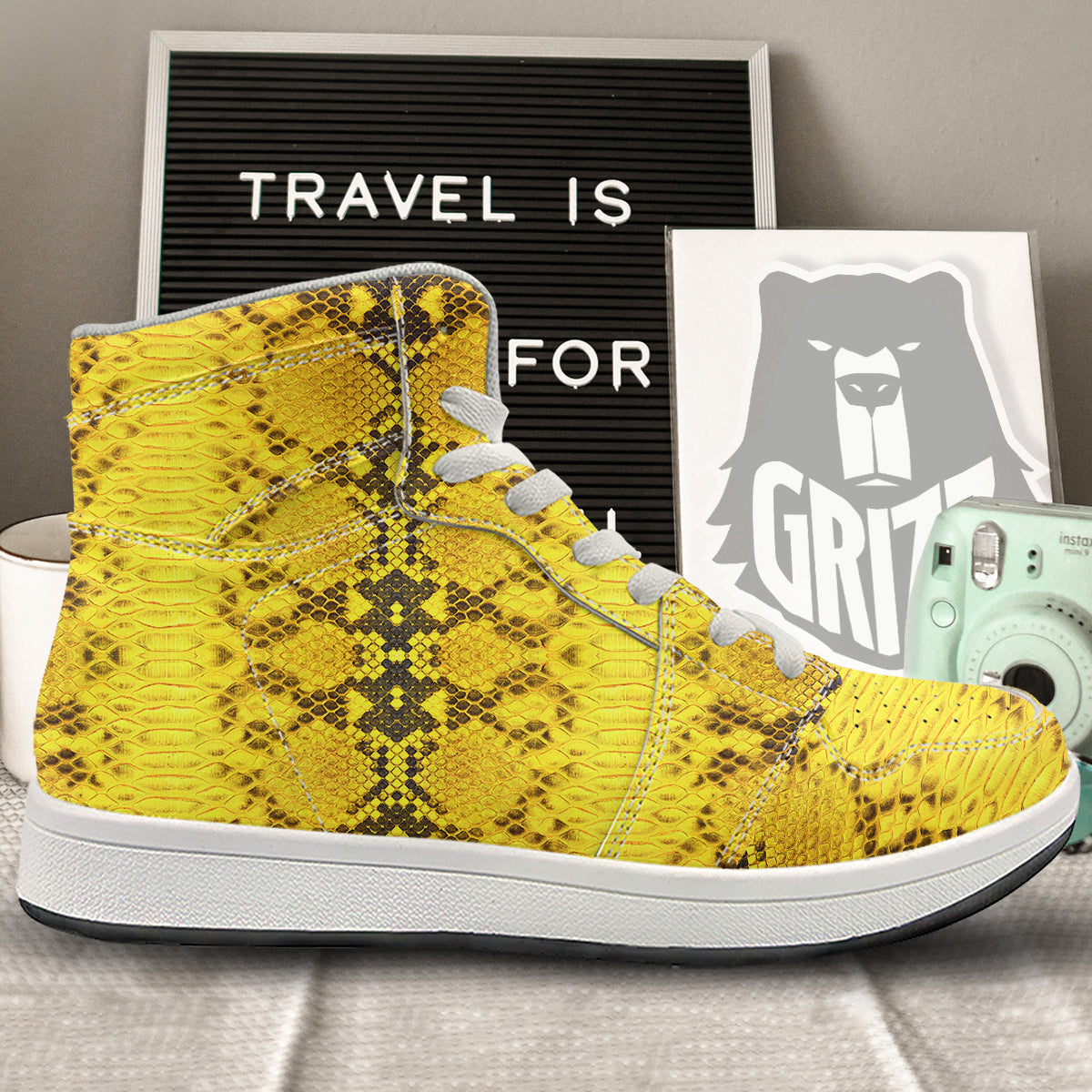 Snake Skin Yellow Print High Top Sneakers-grizzshop