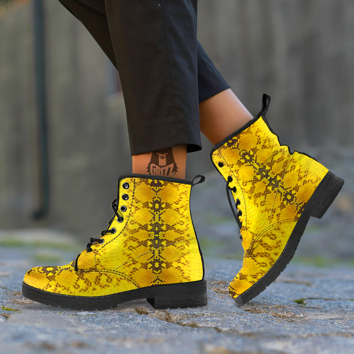 Snake Skin Yellow Print Leather Boots-grizzshop