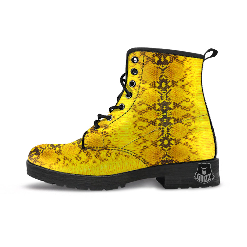 Snake Skin Yellow Print Leather Boots-grizzshop
