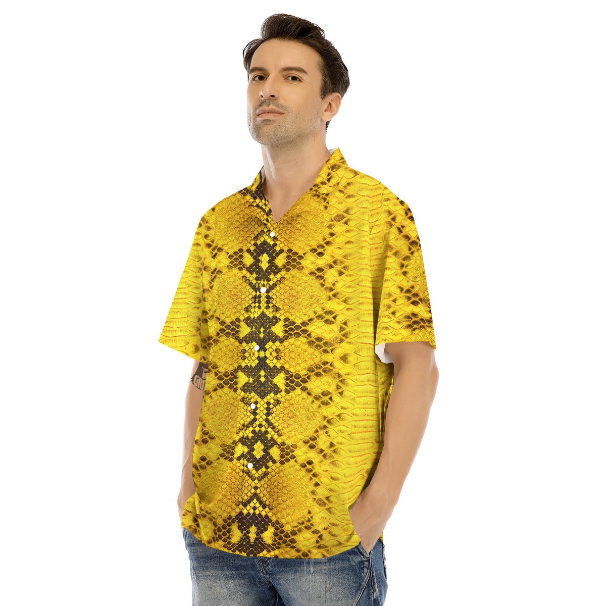 Snake Skin Yellow Print Men's Hawaiian Shirt-grizzshop