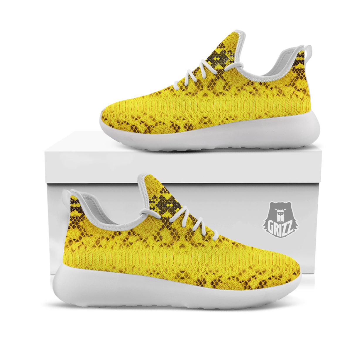 Snake Skin Yellow Print White Athletic Shoes-grizzshop