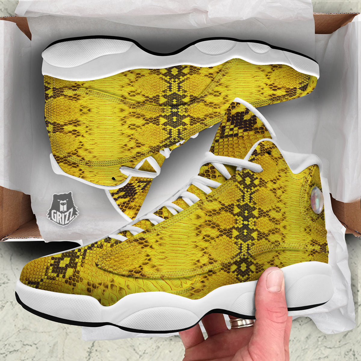 Snake Skin Yellow Print White Basketball Shoes-grizzshop