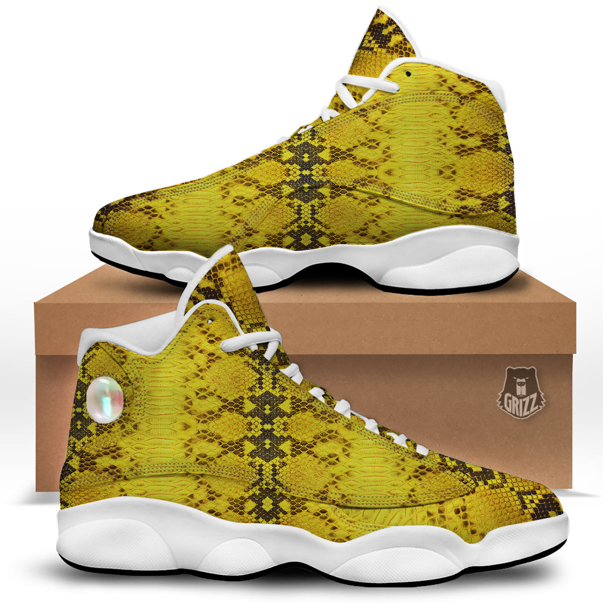 Snake Skin Yellow Print White Basketball Shoes-grizzshop