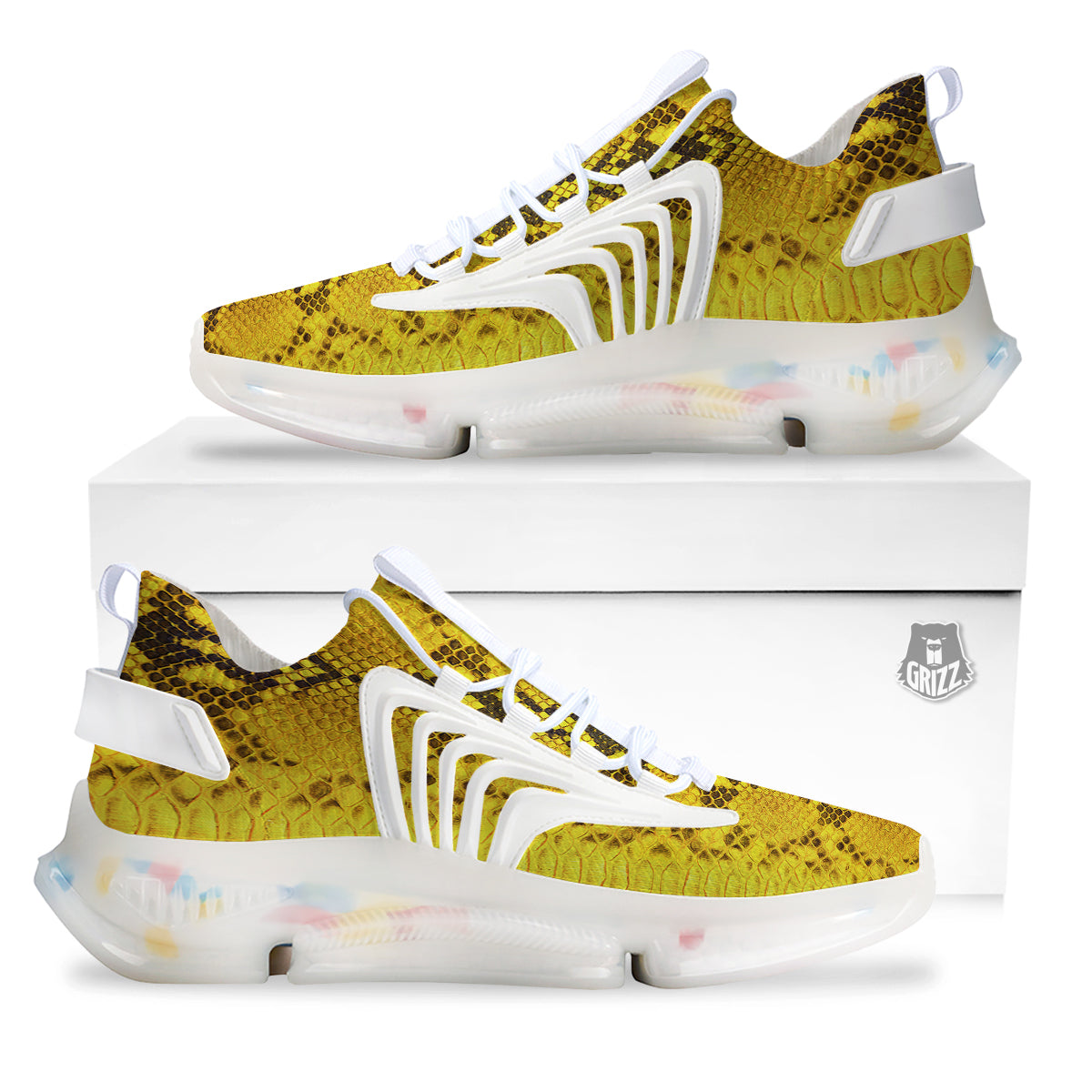 Snake Skin Yellow Print White Gym Shoes-grizzshop