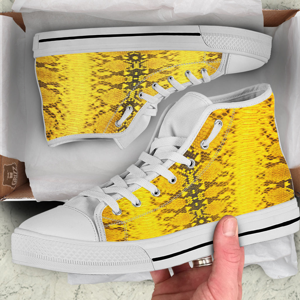 Snake Skin Yellow Print White High Top Shoes-grizzshop