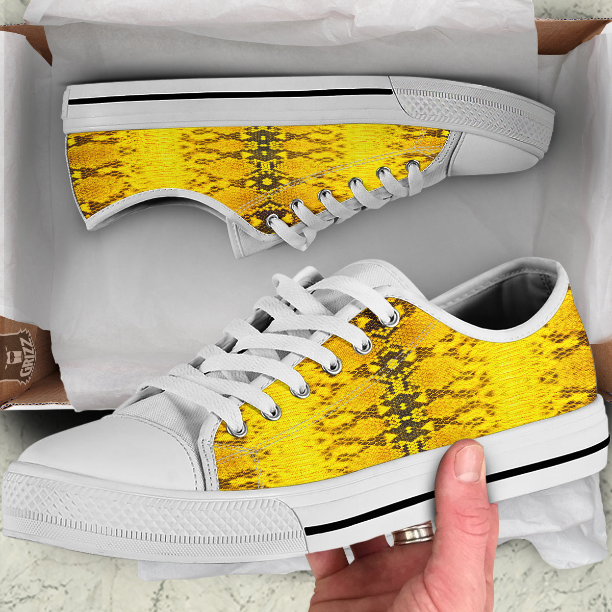 Snake Skin Yellow Print White Low Top Shoes-grizzshop