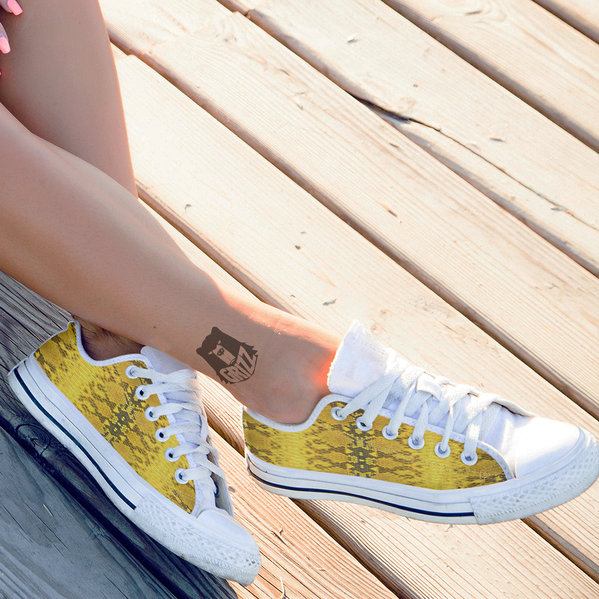 Snake Skin Yellow Print White Low Top Shoes-grizzshop